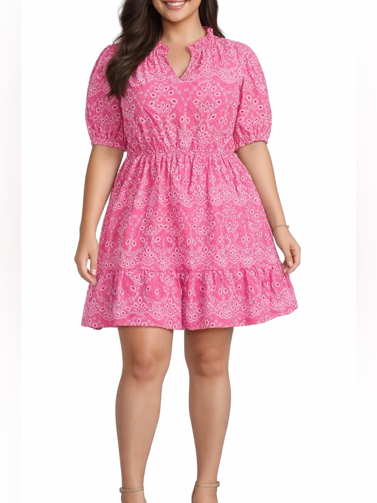Nwt Sugarlips Junior Plus Size Rose Pink Eyelet Short Puff Sleeve Mini Dress 3x